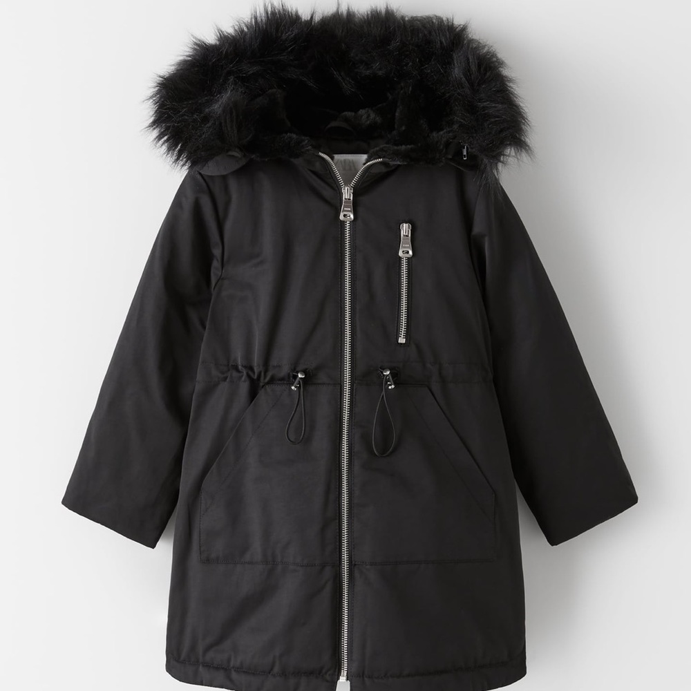 Zara girls snap button faux fur trim parka